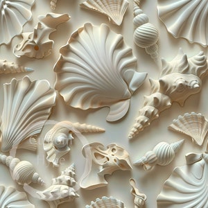 May include: A collection of white seashells of various shapes and sizes, including a large scallop shell, a conch shell, and several smaller shells. The shells are arranged on a white background.