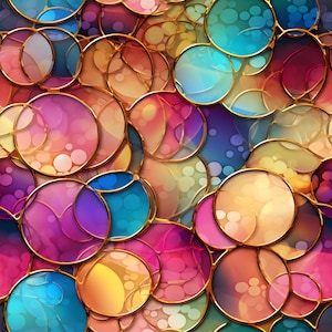May include: Abstract seamless pattern with overlapping circles in shades of pink, blue, yellow, and orange. The circles have a gold outline and a subtle shimmer effect.
