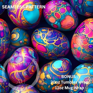 May include: Seamless pattern featuring colorful eggs with gold accents. The eggs have a marbled, abstract design with shades of blue, pink, purple, and gold. The pattern is perfect for creating unique and eye-catching designs for various projects.