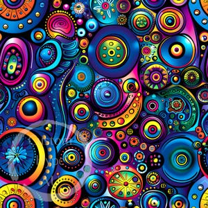 May include: A colorful abstract pattern with circles, swirls, and geometric shapes in shades of blue, green, yellow, orange, pink, and purple.