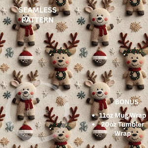 Cute Embroidered Christmas Reindeer Seamless Pattern - Sublimation and Print - 300dpi PNG - seamless tumbler bonus, Reindeer, Christmas, PNG