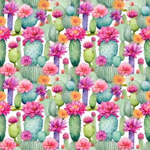 Colourful Watercolour Cactus Seamless Digital Pattern for Sublimation. 12&quot;x12&quot; - 300dpi PNG - ready for print and commercial use.
