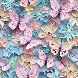 Farfalle e fiori pastello 3D modello digitale senza cuciture per sublimazione e stampa - Download PNG 300 dpi - Uso commerciale - Stampa su tessuto
