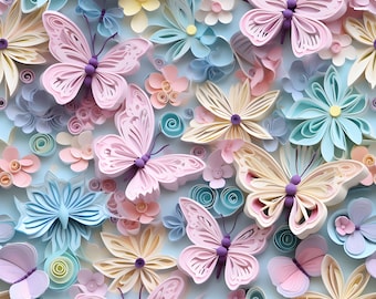 3d Pastel Butterflies and Flowers Digital Seamless Pattern for Sublimation and Print - 300dpi PNG download - Commercial use - Fabric print