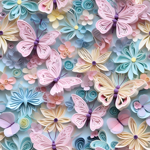 3d Pastel Butterflies and Flowers Digital Seamless Pattern for Sublimation and Print - 300dpi PNG download - Commercial use - Fabric print