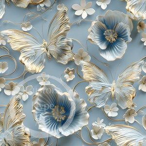 Modello 3D senza soluzione di continuità - Eleganti farfalle in vetro dorato su fiori blu pallido - Sublimazione e stampa - PNG 300 dpi - Modello regalo per lei