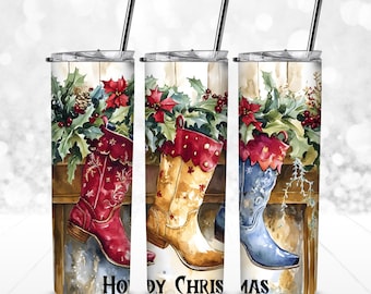 Howdy Christmas 20oz Tumbler Wrap - Sublimation - 300dpi PNG - cowboy boot stockings, cowboy Christmas, Southern Christmas - comm. use