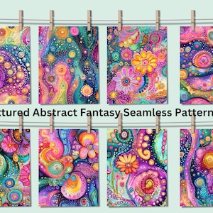 Może przedstawiać: Zestaw ośmiu kolorowych, abstrakcyjnych, fantazyjnych wzorów bez szwów. Wzory to połączenie zwojów, kropek i kwiatów w odcieniach różowego, fioletowego, niebieskiego, zielonego, żółtego i pomarańczowego.