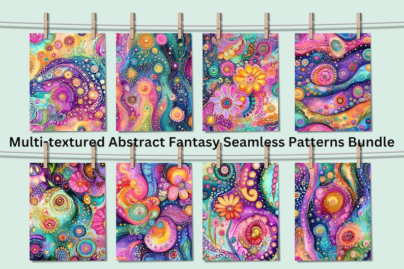 May include: A set of eight colorful, abstract, fantasy seamless patterns. The patterns are a mix of swirls, dots, and flowers in shades of pink, purple, blue, green, yellow, and orange.