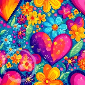 May include: A vibrant, colorful pattern featuring hearts and flowers. The hearts are painted in shades of pink, purple, and red, while the flowers are in shades of yellow, orange, blue, and pink. The background is a deep blue.
