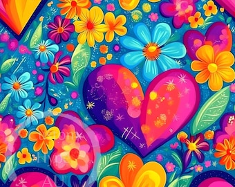 Hippie Hearts and Flowers Seamless Pattern - Sublimation and Print - 300spi PNG - kid's fabric print, colourful kid's decor, invitation