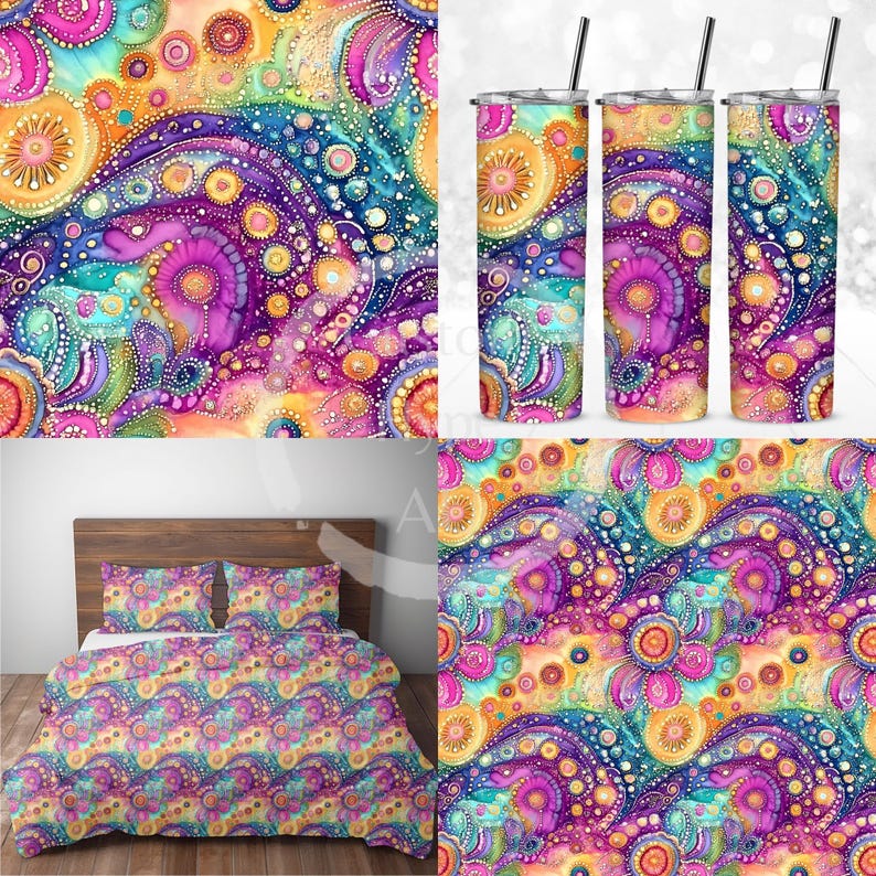 May include: A colorful abstract pattern with swirls, dots, and circles in shades of pink, purple, blue, yellow, and orange. The pattern is repeated on a set of three tumblers and a bedding set.