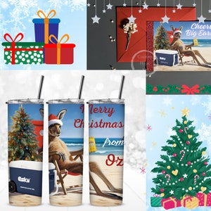 Ensemble de gobelet et carte de Noël de Noël australien 20 oz - Noël kangourou - dessins de Noël australien - ajoutez votre propre texte - PNG 300 dpi