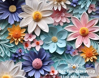 Op de afbeelding: Een kleurrijke papieren bloemenarrangement met een verscheidenheid aan kleuren en texturen. De bloemen zijn gemaakt van papier en zijn gerangschikt in een boeket. Het boeket staat op een blauwe achtergrond. BONUS: 20oz Tumbler Wrap, 11oz Mug Wrap, 15oz Mug Wrap