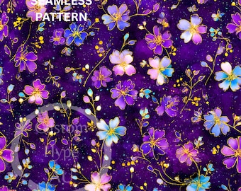 Puede incluir: Patrón floral sin costuras con flores moradas, azules y doradas sobre un fondo morado oscuro. El diseño incluye el texto "SEAMLESS PATTERN". Las flores tienen contornos dorados y están dispersas.