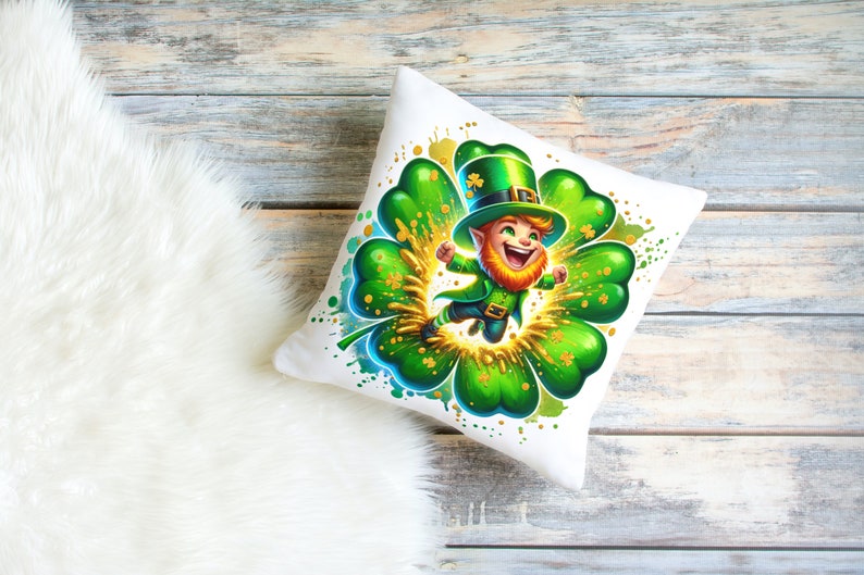 May include: White pillow with a green shamrock and a cartoon leprechaun wearing a green hat and holding a pot of gold. The leprechaun is smiling and has a red beard.