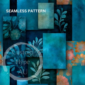 May include: Seamless pattern design in shades of teal, turquoise, and navy blue. The design features floral and botanical elements, with the text "SEAMLESS PATTERN" at the top. The design also includes the text "Custom Hype AU".