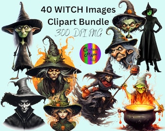 Pacote de imagens de clipart de 40 bruxas de Halloween para sublimação e impressão - 300 dpi PNG - Vários estilos de bruxa para escolher - Uso comercial