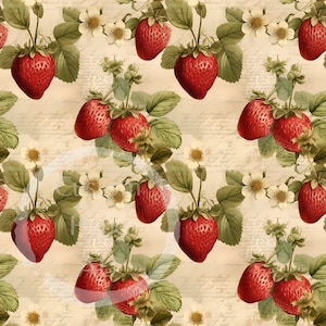 Vintage Strawberries Seamless Pattern, Vintage Fruit Digital Paper, Digital Scrapbooking, Ephemera, Kitchen Decor, Vintage Fabric print