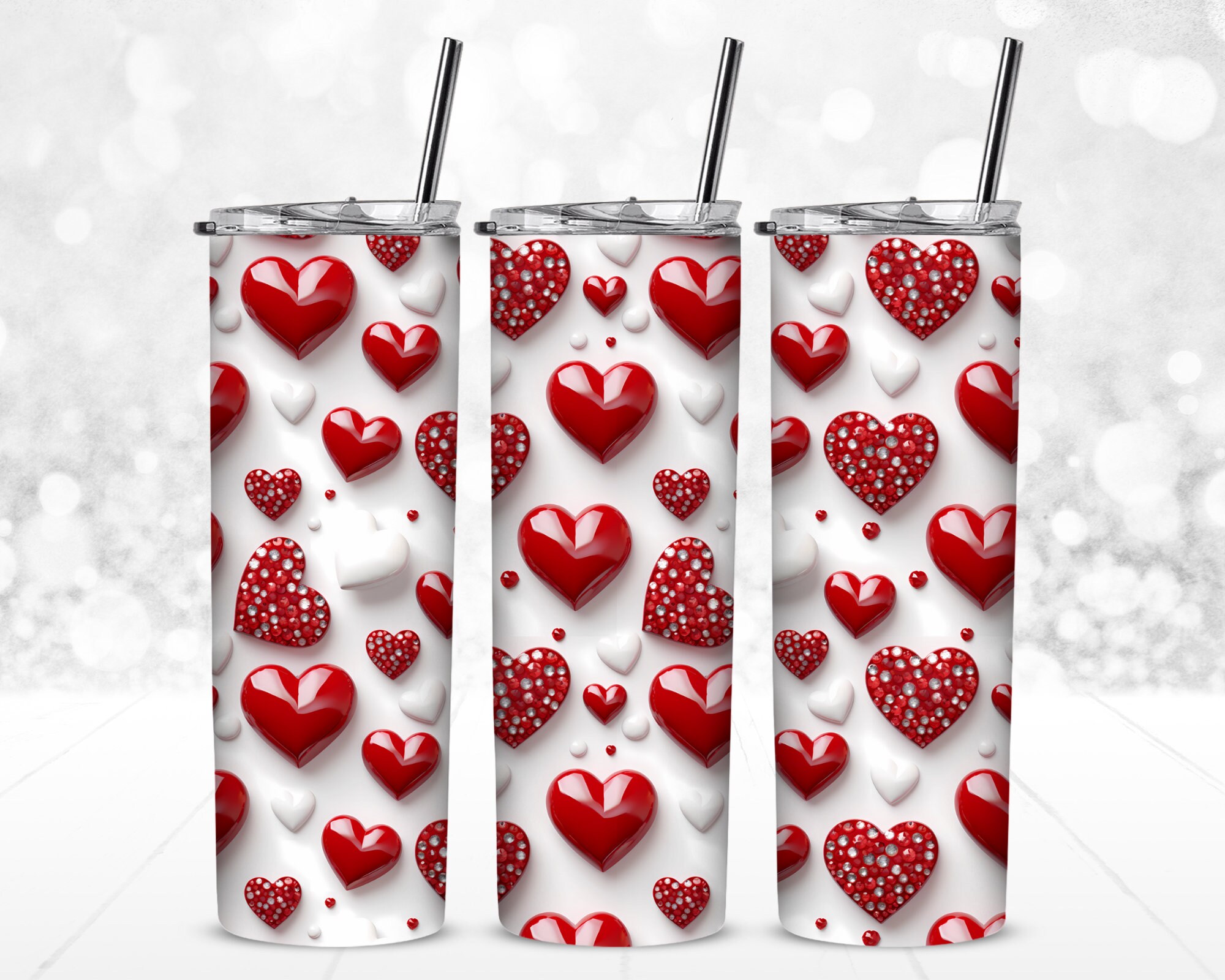Cute 3d Red & White Love Hearts With Bling - Seamless Pattern for ...