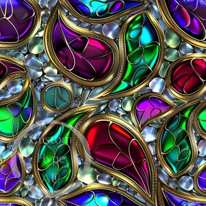 May include: A seamless pattern featuring a repeating design of paisley shapes with gold outlines and vibrant colors, including teal, purple, and red. The design is reminiscent of stained glass.