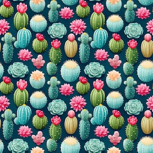 Cute Watercolour Cactus on Blue Background Seamless Digital Pattern for Sublimation. 12&quot;x12&quot; - 300dpi PNG - print and commercial ready