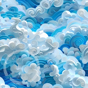 May include: A seamless pattern of blue and white paper cut waves. The waves are layered and overlapping, creating a 3D effect. The pattern is perfect for use in scrapbooking, card making, and other paper crafts.