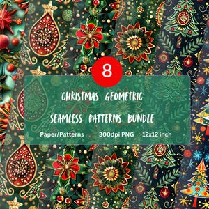 Könnte beinhalten: Ein Set mit 8 digitalen, nahtlosen Weihnachtsmustern in geometrischer Form. Die Muster zeigen eine Vielzahl von festlichen Designs, darunter Sterne, Bäume, Ornamente und Schneeflocken. Die Muster sind in einem grün-rot-gold-blauen Farbschema gehalten. Die Muster sind 300 dpi PNG-Dateien und haben eine Größe von 30,5 x 30,5 cm.