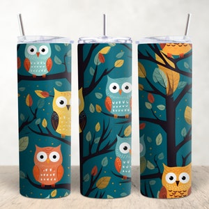 Cute Owls on Green Background Seamless 20oz skinny tumbler wrap for Sublimation. 300dpi PNG download. Commercial use.
