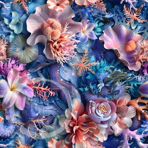 Pode incluir: Um padrão sem costura que apresenta uma variedade de flores coloridas e formas semelhantes a corais. O fundo é azul escuro com um padrão de redemoinho semelhante a uma galáxia. As flores são em tons de rosa, laranja e vermelho, enquanto o coral é em tons de azul e verde.