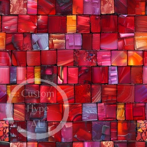 May include: A close-up of a red, orange, and purple mosaic tile wall. The tiles are arranged in a grid pattern and have a textured, brushstroke-like finish.