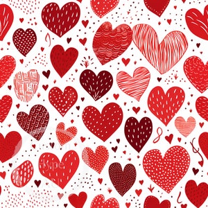 May include: A seamless pattern featuring red hearts with various textures and designs. The hearts are scattered on a white background.