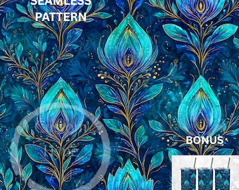 Boho Peacock Feathers Seamless Pattern - Sublimation and Print - 300dpi PNG - Boho design, teal and blue colours, peacock feathers pattern