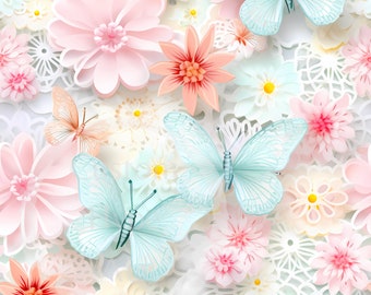 Delicate 3d Pastel Butterflies & Flowers - Digital Seamless Pattern - 300dpi PNG - tiled/untiled files - fabric print - comm. use