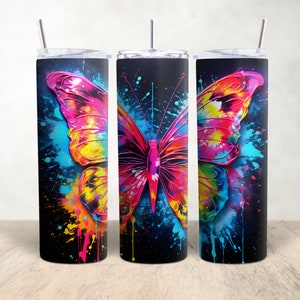 Neon Alcohol Ink with Splatter - Butterfly 20oz Skinny Tumbler Wrap - Sublimation. 300dpi PNG download. Commercial use.