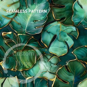May include: A seamless pattern of large, stylized green leaves with gold detailing. The leaves have a marbled effect, with shades of green and gold veins. The text "SEAMLESS PATTERN" is at the top, and "Custom Hype AU" is at the bottom.