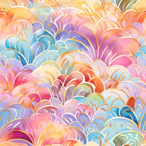 May include: A seamless pattern with a watercolor background of pink, blue, yellow, and orange. The pattern features a repeating design of overlapping, stylized flower shapes outlined in gold.