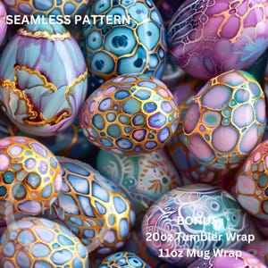 Peut inclure: Un motif sans couture présentant un gros plan d'œufs colorés avec un design marbré or et bleu. Les œufs sont disposés de manière aléatoire et ont une finition brillante. Le texte "SEAMLESS PATTERN" est en haut de l'image. Le texte "BONUS 20oz Tumbler Wrap 11oz Mug Wrap" est en bas de l'image.
