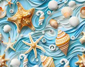 Lindo patrón sin costuras - Conchas marinas 3d sobre fondo acolchado - Sublimación e impresión - PNG de 300 ppp - Decoración costera del hogar, patrón novedoso