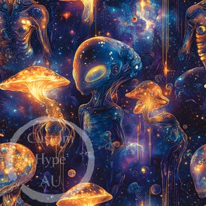 May include: A psychedelic pattern featuring a blue alien with glowing yellow eyes, mushrooms with orange caps, and a starry night sky background.