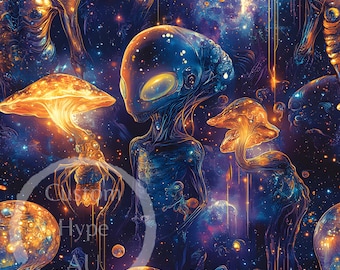 Sci-Fi Aliens Seamless Pattern - Sublimation and Print - 300dpi PNG - alien followers, alien PNG, sci-fi print, birthday gifts, alien fabric