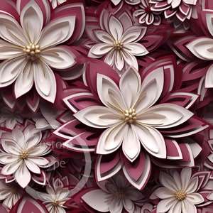 Può includere: Primo piano di un arrangiamento di fiori di carta decorativi. I fiori sono realizzati in carta bianca e bordeaux e hanno un effetto 3D a strati. I fiori sono disposti in uno schema casuale, creando un design visivamente accattivante e testurizzato.