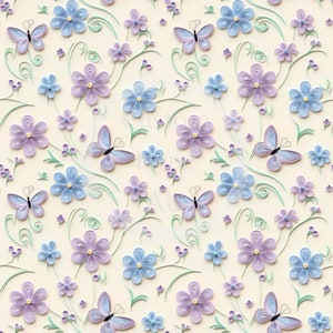 Semplice motivo digitale 3D pastello blu e lilla con fiori e farfalle senza soluzione di continuità - Sublimazione e stampa - PNG 300 dpi - 12x12 - Stampa su tessuto