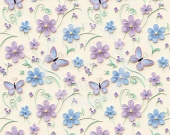 Eenvoudig 3D-pastelblauwe en lila bloemen en vlinder naadloos digitaal patroon - sublimatie en print - 300 dpi png - 12 x 12 - stoffenprint