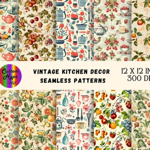 May include: Set of 8 vintage kitchen themed seamless patterns featuring fruits, vegetables, kitchen utensils, and floral designs. Each pattern is 12 x 12 inches and 300 DPI.