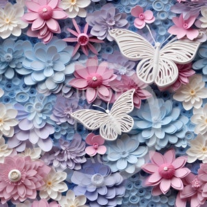 Modello digitale senza cuciture con fiori e farfalle pastello 3D molto carini - Sublimazione e stampa - PNG 300 dpi - Stampa su tessuto - carta digitale