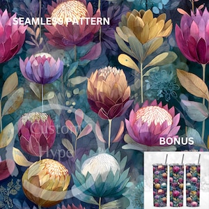 May include: Seamless floral pattern featuring watercolor-style protea flowers in shades of purple, pink, yellow, and teal. The design includes the text "SEAMLESS PATTERN" and "BONUS". The image also shows three tumblers with the same floral design.