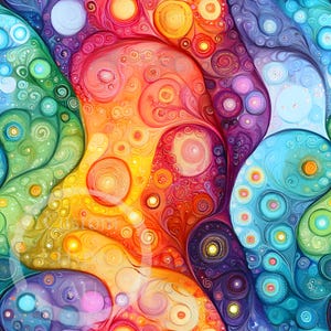 May include: Abstract art print featuring swirling patterns in shades of blue, green, yellow, orange, red, and purple. The design is reminiscent of a kaleidoscope with a variety of circular shapes and swirls.