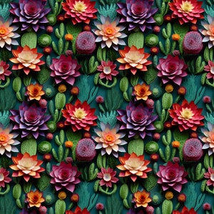 May include: A teal background with a repeating pattern of colourful paper flowers and green cactus plants. The flowers are layered and have a 3D effect.