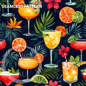 Tropical Cocktails Seamless Pattern - Sublimation and Print - 300dpi PNG - tropical pattern, cocktails, summer design, cocktails fabric PNG